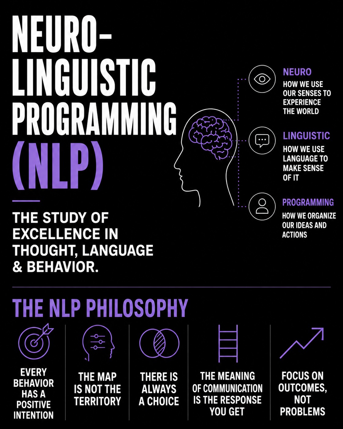 The NLP philosophy: neuro, linguistic, programming, how we experience the world, make sense of it, and organise our ideas and actions